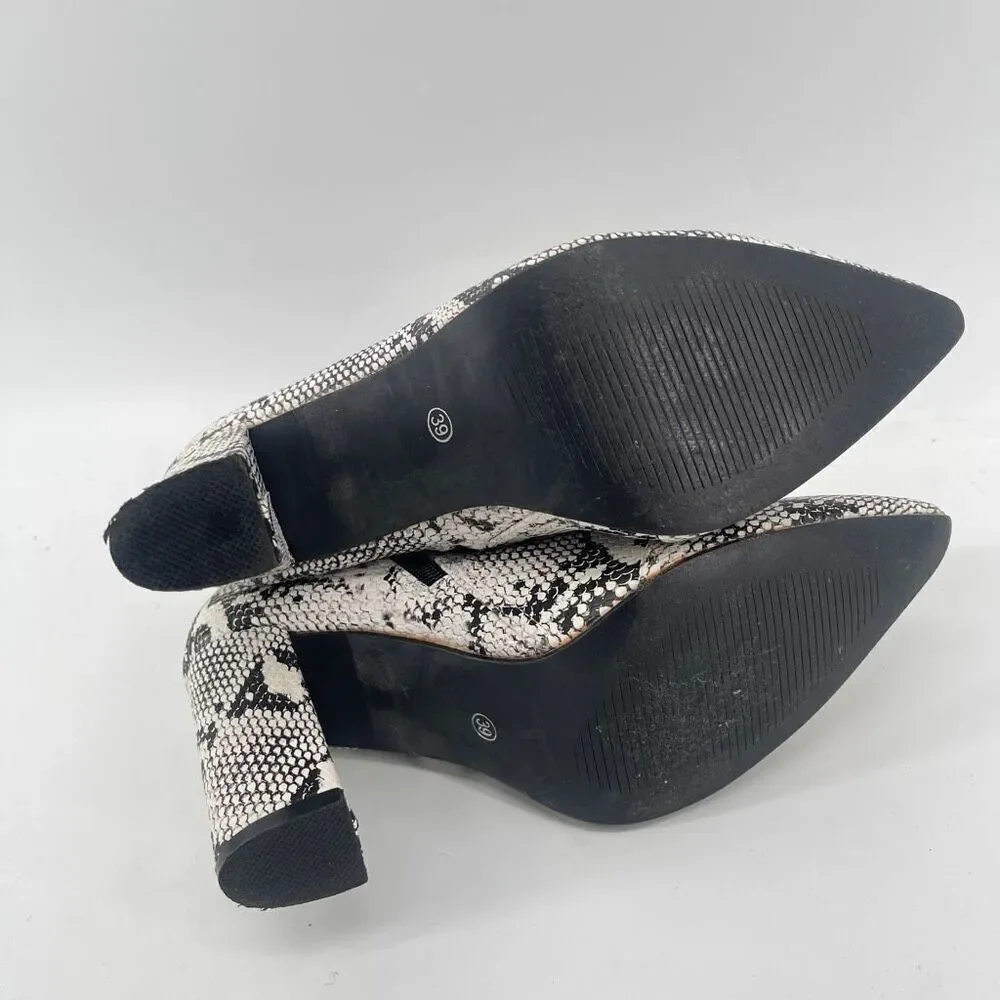 Women’s Black White Snakeprint Embossed Faux Leather Block Heel Ankle Boots 8.5